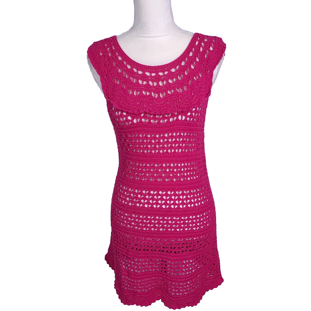 VTG MKM Hot Pink Crochet Sleeveless Scalloped Cover Up Dress Barbiecore MED